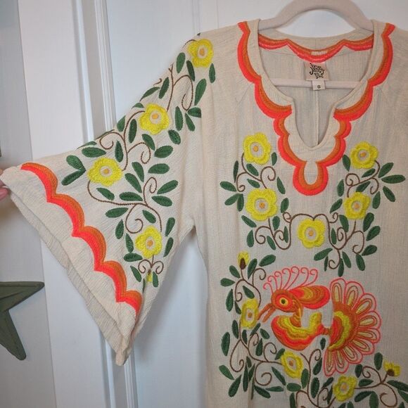 IVY JANE Linen Blend Embroidered Floral Peacock Tunic Size Small Boho Hippie - Picture 2 of 8